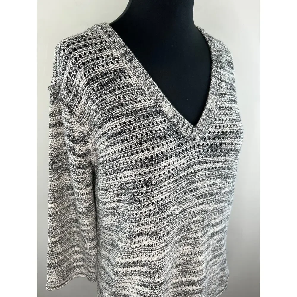 Michael Stars 3/4 Sleeve V-Neck Hi-Low Cotton Knit Sweater Gray White XS S